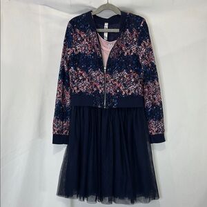 Floral Zip-Up Jacket with Navy Tulle Dress